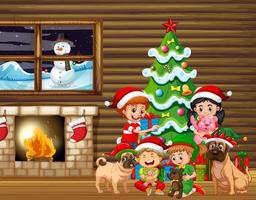 Indoor house scene with children and dogs in Christmas theme vector