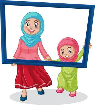 Happy mother and daughter holding photo frame