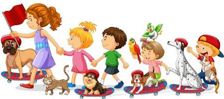 Children with their dogs on skateboards vector