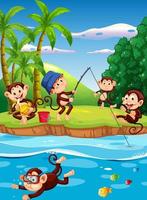escena del río del bosque con personajes de dibujos animados de monos vector