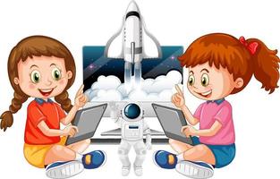 Young girls using tablet with spaceship vector