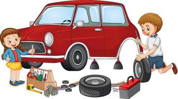 Dad and daughter fixing a car together on white background vector