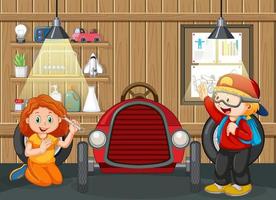 Escena de garaje con niños arreglando un coche juntos. vector