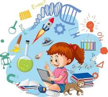 Young girl using tablet with education icons vector