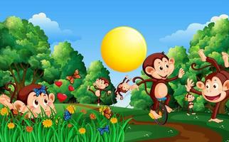 Forest scene with funny monkeys cartoon vector