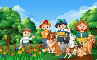 Escena del parque con niños jugando con sus animales. vector