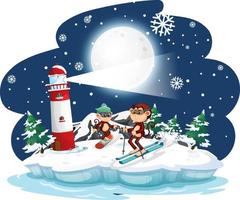 Monkey skiing in the snow at night scene vector