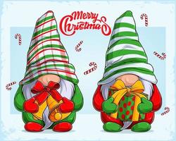 Funny gnomes in Christmas disguise holding gift and bells with Merry Christmas lettering vector
