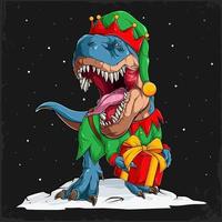 Scary Elf dinosaur t rex wearing Christmas Elf suit and holding a gift