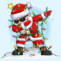 Christmas Santa claus character doing dabbing dance surrounded by christmas tree lights vector