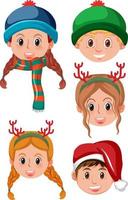 Conjunto de diferentes caras de niños en trajes de invierno. vector