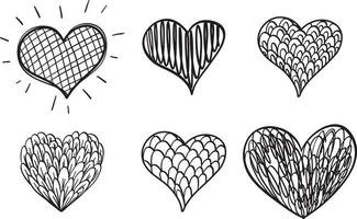 Set of different hearts in doodle style vector