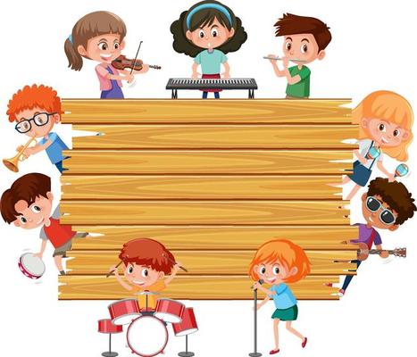 Empty wooden board with kids playing different musical instruments