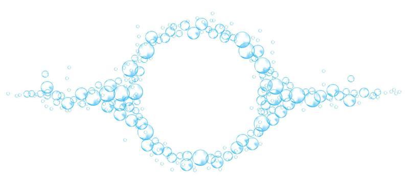 Effervescent soap bubbles frame. Blue foam suds isolated on white background. Realistic vector illustration.