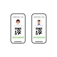 Young man and woman in smartphone with QR code on screen. Vaccinated vector