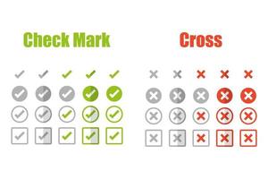 Green tick and red cross set icons. Checkmarks vector