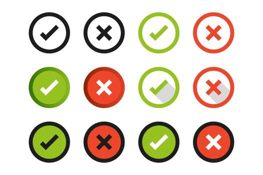 Set of check mark and cross icons. Vector in flat design