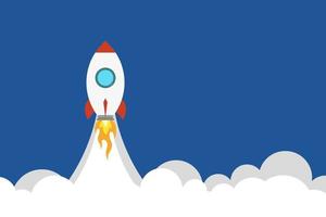 Business concept, rocket launch in the sky flying over clouds. Spaceship in smoke clouds. Vector in flat design