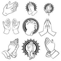 Línea de oración e icono de glifo, religión y oración, signo de manos rezando, gráficos vectoriales, un patrón lineal sobre un fondo blanco. vector