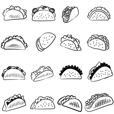 Tacos cooking and ingredients for tacos, sketch illustration. Mexican cuisine frame. Fast food menu design elements. Tacos hand drawn frame. Mexican food.