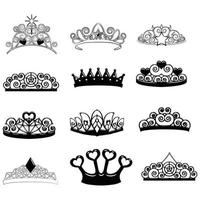 conjunto de tiara de vector. hermosas tiaras de reina o siluetas de corona de princesa para invitaciones de boda y viñetas vector