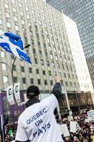 Montreal, Canadá 02 de abril de 2015 - manifestante separatista sosteniendo la bandera de la provincia de Quebec Fleur de Lys