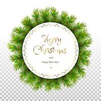 Christmas round card with frame with fir branches. New Year's mockup for cards, banners, invitations and posters. Isolated on a transparent background. Vector illustration.