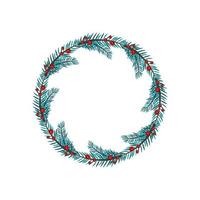 Round Christmas frame from fir branches and red berries. Festive decoration for New Year and winter holidays vector