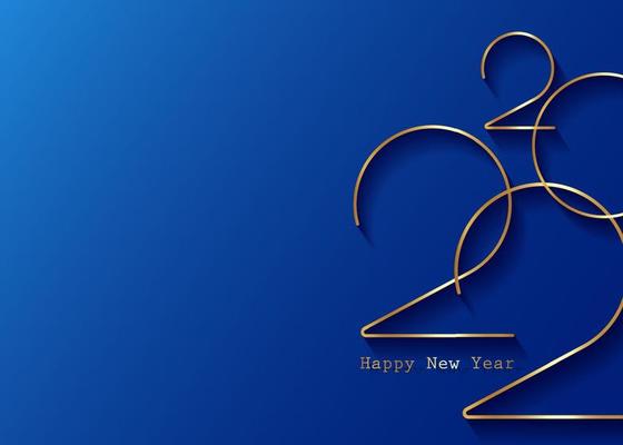Golden 2022 New Year logo. Holiday greeting card. Vector illustration. Holiday design for greeting card, invitation, calendar, party, gold luxury vip, isolated on blue background