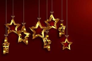 bolas de navidad en forma de estrellas 3d, banner de vacaciones de lujo navideño con estrella dorada, feliz navidad y tarjeta de felicitación de feliz año nuevo. Ilustración de vector de lujo dorado aislado sobre fondo rojo