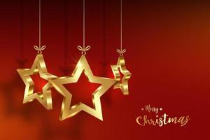 bolas de navidad en forma de estrellas 3d, banner de vacaciones de lujo navideño con estrella dorada, feliz navidad y tarjeta de felicitación de feliz año nuevo. Ilustración de vector de lujo dorado aislado sobre fondo rojo