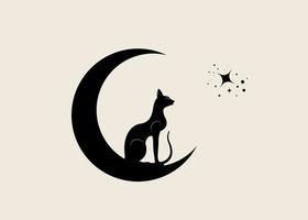 Egyptian Black Cat sitting on the crescent Moon, look at the stars. Alchemy Logo Wicca symbol, boho style, tattoo icon. Vector illustration isolated on old vintage background