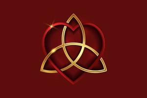 Celtic love knot, intertwined red heart shape and golden Triquetra, Everlasting Love symbol knot. Logo icon Valentines day concept, gold vector tattoo isolated on red background