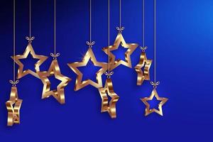 bolas de navidad en forma de estrellas 3d, banner de vacaciones de lujo navideño con estrella dorada, feliz navidad y tarjeta de felicitación de feliz año nuevo. Ilustración de vector de lujo dorado aislado sobre fondo azul