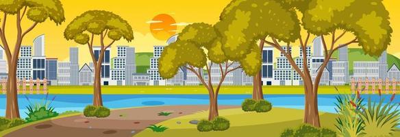 Park in autumn season horizontal scene with cityscape background vector