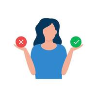 Woman with choice ok or no, control poll, good vs bad. Customer Experiences and satisfaction. Putting check mark, tick. Vector illustration
