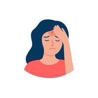 Headache of woman, pain head from stress, problem or trauma. Girl is holding her head. Painful sensations. Seeing doctor for help treatment. Vector illustration