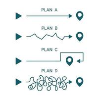 Action plan, different plan straight A, uneven B, roundabout C and tangled D. Achievement of goal. Path to success. Difficulties on path of life. Vector illustration