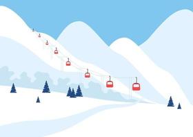 Snow resort in mountain with elevator, winter slope landscape. Healthy lifestyle, outdoor recreation, sport. Vector illustration