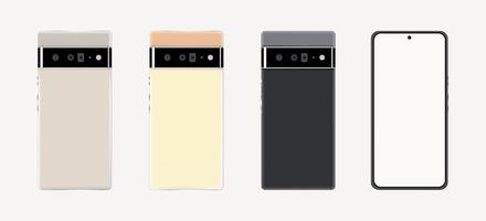 Google pixel mobile set vector with colorful frames and a triple camera. Mobile phone backside and front side view with blank screens. Realistic cell phone, frame, triple camera, mobile.