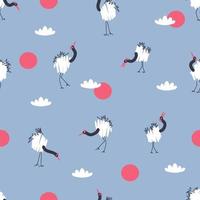 Hand drawn seamless pattern with red crowned cranes. vector