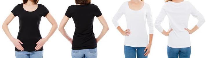 Woman In White And Black T Shirt Isolated Front And Rear Views Cropped image Blank T-shirt Options, Girl In Tshirt Set. Mock Up. Shirt Design And People Concept. photo