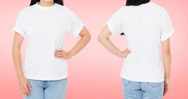 front and back views brunette woman in white t shirt isolated on pink background photo