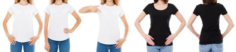 Woman In White And Black T Shirt Isolated Front And Rear Views Cropped image Blank T-shirt Options, Girl In Tshirt Set. Mock Up. Shirt Design And People Concept. photo