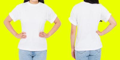 front and back views woman in white t shirt isolated on yellow background, Mock up for design photo