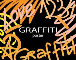 abstract illustration of graffiti, lettering, brush strokes and spots, drawn shapes, yellow-orange design on a black background, for posters and banners