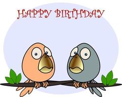 Ilustración, divertida tarjeta de feliz cumpleaños, pájaros graciosos tontos en ramas y letras, cartel, pancarta