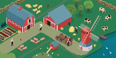 Farmyard Windmill Canal Isometric Composition vector