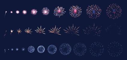 conjunto realista de animación de fuegos artificiales vector