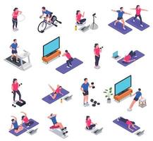 Online Fitness Workout Yoga At Home Isometric Icon Set vector